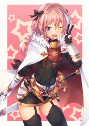 Rule 34 | 1boy, ;d, arm at side, arm guards, armor, astolfo (fate), black bow, black dress, black thighhighs, blush, border, bow, braid, buckle, cape, cowboy shot, dress, emblem, fang, fate/apocrypha, fate (series), faulds, fur-trimmed cape, fur trim, garter straps, hair bow, highres, horn (instrument), long hair, looking at viewer, male focus, metindone, one eye closed, open mouth, outside border, pink background, pink hair, sheath, sheathed, shiny skin, single braid, smile, solo, standing, star (symbol), starry background, sword, thighhighs, trap, v, very long hair, weapon, white border, white cape, white hair, zettai ryouiki