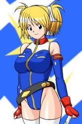 Rule 34 | 1girl, blonde hair, breasts, fingerless gloves, gloves, gundam, gundam card builder, highleg, highleg leotard, hip focus, large breasts, leotard, looking at viewer, open mouth, red eyes, reiko holinger, shiraki (the perfect world), short hair, short twintails, simple background, solo, thick thighs, thighhighs, thighs, twintails, white thighhighs