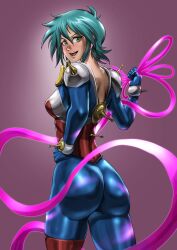 1girl absurdres allenby_beardsley aqua_hair ass beam_ribbon blue_bodysuit blush bodysuit breasts from_behind g_gundam green_eyes gundam hand_on_own_hip highres looking_at_viewer looking_back mecha_pilot_suit medium_breasts mobile_trace_suit multicolored_bodysuit multicolored_clothes open_mouth porukima shiny_clothes short_hair skin_tight smile solo standing