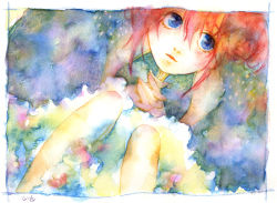 Rule 34 | 1girl, blue eyes, border, commentary, dutch angle, flower, gintama, hair between eyes, highres, interlocked fingers, kagura (gintama), looking at viewer, making-of available, muttiy, painting (medium), parted lips, red hair, signature, solo, traditional media, watercolor (medium)