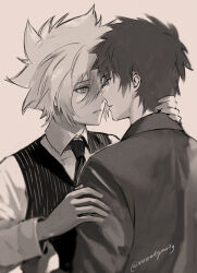 Rule 34 | 2boys, cezaria, collared shirt, eye contact, from behind, giotto (reborn), greyscale, hair between eyes, hand on another&#039;s arm, hand on another&#039;s neck, highres, imminent kiss, katekyo hitman reborn!, long hair, looking at another, male focus, monochrome, multiple boys, necktie, parted lips, pinstripe pattern, pinstripe vest, shirt, short hair, simon cozzato, simple background, spiked hair, striped, twitter username, upper body, vest, white background, yaoi