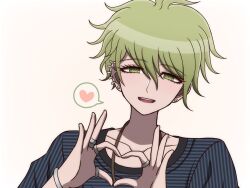 1boy amami_rantaro bracelet collarbone commentary_request danganronpa_(series) danganronpa_v3:_killing_harmony ear_piercing earrings green_eyes hair_between_eyes half-closed_eyes hands_up heart heart_hands highres jewelry male_focus messy_hair necklace piercing ring shirt simple_background smile solo speech_bubble spoken_heart striped_clothes striped_shirt suiren_yurei tongue translation_request white_background