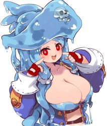 Rule 34 | 1girl, blue hair, blue hat, blue pupils, collarbone, creature, creature on head, fingerless gloves, fingers to cheeks, frills, genkai tokki: seven pirates, gloves, hat, highres, jewel (genkai tokki), long hair, mota, open mouth, pirate, pirate hat, red eyes, red gloves, skull, sleeves past wrists, slime (creature), solo