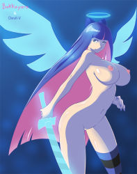 Rule 34 | 10s, 1girl, angel, artist name, black hair, blunt bangs, bow, breasts, devil-v, green eyes, hair bow, halo, large breasts, long hair, looking at viewer, multicolored hair, nail polish, nipples, nude, panty &amp; stocking with garterbelt, purple hair, single thighhigh, smile, solo, stocking (psg), stripes i &amp; ii, sword, thighhighs, two-tone hair, very long hair, weapon, wings