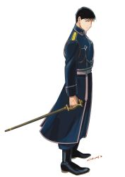 Rule 34 | 1boy, aiguillette, amestris military uniform, ankle boots, arm at side, artist name, black eyes, black footwear, black hair, blue jacket, blue pants, boots, buttons, closed mouth, collared jacket, double-breasted, full body, fullmetal alchemist, hair strand, highres, holding, holding sword, holding weapon, jacket, jitome, light smile, looking back, male focus, military, military jacket, military uniform, pants, profile, roy mustang, sheath, sheathed, sideways glance, simple background, spiked hair, standing, sword, uniform, urikurage, weapon, white background