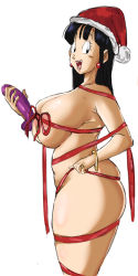 Rule 34 | 1girl, black eyes, black hair, bracelet, breasts, chi-chi (dragon ball), christmas, cowboy shot, dildo, dragon ball, dragonball z, earrings, from side, hat, highres, holding, holding sex toy, huge breasts, jewelry, looking at viewer, open mouth, panarandom, santa hat, sex toy, solo, standing