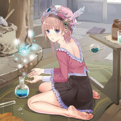 Rule 34 | 1girl, alchemy, atelier (series), atelier rorona, barefoot, blue eyes, brown hair, dress, feet, female focus, flask, frilled shirt, frills, full body, hat, kishida mel, long sleeves, looking at viewer, looking back, official art, on floor, parted lips, potion, rororina fryxell, round-bottom flask, shirt, short hair with long locks, sitting, skirt, soles, solo, test tube, toes, wariza, winged hat
