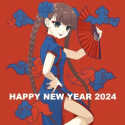 Rule 34 | 1girl, 2024, blue eyes, braid, brown hair, china dress, chinese clothes, dress, eyeshadow, flower, folding fan, from side, grin, hair flower, hair ornament, hand fan, hand on own hip, happy new year, holding, holding fan, lipstick, long hair, looking at viewer, makeup, mole, mole under mouth, nail polish, new year, original, red background, short sleeves, side slit, smile, solo, standing, standing on one leg, torimomu, twin braids, very long hair