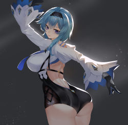 Rule 34 | 1girl, artist request, ass, bare shoulders, blue hair, breasts, dancing, eula (genshin impact), from behind, genshin impact, gloves, hair ornament, hairband, large breasts, leotard, long hair, looking at viewer, looking back, purple eyes, sideboob, smile, solo