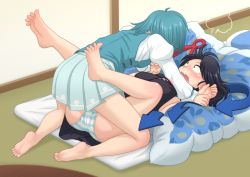Rule 34 | 2girls, all fours, aqua hair, aqua skirt, aqua vest, ass, asymmetrical wings, bare legs, barefoot, black dress, black hair, blue wings, blush, cameltoe, commentary request, constricted pupils, dress, feet, feet up, full body, futon, girl on top, holding another&#039;s wrist, houjuu nue, indoors, iromeki overdrive, juliet sleeves, long sleeves, looking at another, lying, medium hair, multiple girls, nose, on back, open mouth, panties, pillow, puff of air, puffy sleeves, red wings, shirt, short dress, short sleeves, skirt, soles, spread legs, striped clothes, striped panties, surprised, sweat, tatami, tatara kogasa, toes, touhou, underwear, vest, wavy mouth, white shirt, wide-eyed, wings, yuri