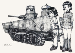 Rule 34 | 2girls, arms behind back, ballpoint pen (medium), blunt bangs, blunt ends, bob cut, boots, breasts, chi-hatan (emblem), chi-hatan military uniform, cleavage, closed mouth, clothes around waist, commentary request, emblem, girls und panzer, gloves, greyscale, hands on own knees, highres, hoshino (girls und panzer), jacket, jumpsuit, knee boots, leaning forward, long sleeves, mechanic, medium breasts, military, military uniform, military vehicle, miniskirt, monochrome, motor vehicle, multiple girls, nishihara yasoko, nspa (spa-jcs), open mouth, partial commentary, pleated skirt, shoes, short hair, side-by-side, skirt, smile, special type 2 launch ka-mi, standing, tank, tank top, traditional media, twitter username, uniform, zipper