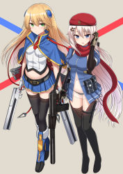 Rule 34 | 2girls, 9a-91, 9a-91 (girls&#039; frontline), assault rifle, belt, belt pouch, beret, black footwear, black legwear, black panties, blazblue, blonde hair, blue capelet, blue dress, blue eyes, blue footwear, blue skirt, bolverk, boots, breasts, brown gloves, capelet, closed mouth, collared shirt, crop top, crossover, dress, dual wielding, full body, girls&#039; frontline, gloves, green eyes, guest character, gun, hair between eyes, hair ornament, hand up, handgun, hat, holding, holding gun, holding weapon, knee boots, long hair, looking at viewer, medium breasts, midriff, miniskirt, multiple crossover, multiple girls, name connection, navel, necktie, noel vermillion, object namesake, panties, parted lips, pleated skirt, pouch, red headwear, red neckwear, red ribbon, red scarf, ribbon, rifle, scarf, see-through, shirt, short necktie, short sleeves, side-tie panties, sidelocks, skirt, smile, standing, star (symbol), star hair ornament, stomach, suppressor, thigh boots, thighhighs, trigger discipline, underwear, very long hair, weapon, white gloves, white hair, white shirt, yakob labo, zettai ryouiki