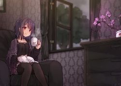 Rule 34 | 1girl, animal, bad id, bad pixiv id, black hair, black pantyhose, black shirt, blanket, blush, cat, chair, closed mouth, coffee mug, collarbone, cup, curtains, evening, feet out of frame, flower, frilled shirt, frilled skirt, frills, hand up, highres, holding, holding cup, indoors, long sleeves, looking away, maka neko, miniskirt, mug, original, pantyhose, pink flower, plant, pleated skirt, potted plant, red eyes, shirt, short hair, sidelocks, sitting, skirt, smile, solo, spaghetti strap, steam, tree, white cat, window