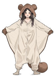 Rule 34 | 1girl, :d, absurdres, breasts, brown eyes, brown hair, chroong, cleavage, commentary request, flying squirrel costume, full body, highres, korean commentary, long hair, looking at viewer, medium breasts, open mouth, original, simple background, smile, solo, standing, white background