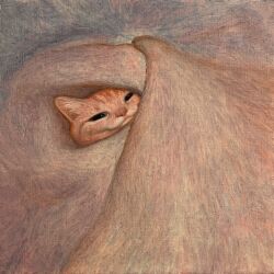 Rule 34 | :3, acrylic paint (medium), animal focus, blanket, cat, closed mouth, commentary, highres, karin hosono, looking at viewer, no humans, orange cat, orange fur, original, painting (medium), simple background, solo, traditional media, under covers