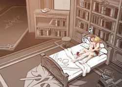 Rule 34 | 1boy, 1girl, aether (genshin impact), amber (genshin impact), bed, bed sheet, bedroom, blonde hair, book, book stack, bookshelf, bottomless, breasts, brown hair, from above, genshin impact, happy sex, hetero, highres, indoors, medium breasts, pillow, royboy, sex, stool