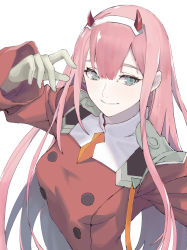 Rule 34 | 1girl, arm up, blue eyes, breasts, closed mouth, darling in the franxx, eyebrows hidden by hair, ganida boushoku, gloves, grey gloves, hair between eyes, has bad revision, horns, jacket, long hair, long sleeves, looking at viewer, md5 mismatch, orange neckwear, pink hair, red jacket, resolution mismatch, simple background, small breasts, smile, solo, source smaller, upper body, very long hair, white background, zero two (darling in the franxx)