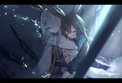 Rule 34 | 2girls, absurdres, amiya (arknights), animal ears, arknights, ascot, black jacket, brown hair, rabbit ears, closed eyes, frilled ascot, frills, frostnova (arknights), hair between eyes, highres, hood, hood down, hooded jacket, jacket, jewelry, multiple girls, neck ring, open clothes, open jacket, ring hair ornament, scar, scar on face, scar on nose, sidelocks, white hair