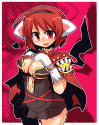 Rule 34 | 1girl, :d, animal ears, black hairband, blush, border, breasts, brown dress, cape, cat ears, cleavage, commentary request, cowboy shot, creator (ragnarok online), dress, emon-yu, fake animal ears, gloves, hair between eyes, hairband, hands on own breasts, heart, living clothes, looking at viewer, medium breasts, navel, open mouth, ragnarok online, red background, red cape, red eyes, red hair, short dress, short hair, smile, solo, strapless, strapless dress, teeth, white border, white gloves