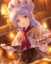 Rule 34 | 1girl, :d, alternate costume, angel beats!, blush, braid, brown capelet, brown skirt, capelet, commentary request, cowboy shot, eyelashes, food, goto p, happy, hat, high-waist skirt, holding, holding plate, holding spoon, indoors, long hair, long sleeves, looking at viewer, low twin braids, necktie, open mouth, plate, red necktie, shirt, sidelighting, skirt, smile, solo, spoon, steam, tachibana kanade, teeth, twin braids, upper teeth only, waitress, white hair, white hat, white shirt, yellow eyes
