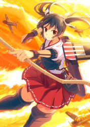 Rule 34 | 10s, 1girl, a6m zero, aircraft, airplane, armor, black hair, boots, bow (weapon), bracer, breastplate, brown eyes, circle skirt, commentary request, dougi, gloves, hair ribbon, japanese clothes, kantai collection, long hair, looking at viewer, moving, muneate, partially fingerless gloves, partly fingerless gloves, propeller, red skirt, ribbon, single glove, skirt, smile, solo, thigh boots, thighhighs, twintails, water, waves, weapon, yashiro seika, yugake, zuikaku (kancolle)