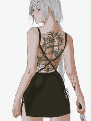 Rule 34 | 1girl, back tattoo, backless dress, backless outfit, black dress, blood, blood on arm, bloody weapon, chainsaw man, commentary, cowboy shot, dragon, dress, eastern dragon, english commentary, eyepatch, grey hair, highres, holding, holding knife, holding weapon, knife, long hair, looking at viewer, looking back, ponytail, quanxi (chainsaw man), side slit, sideways glance, simple background, solo, sudstance, tattoo, twitter username, weapon, white background
