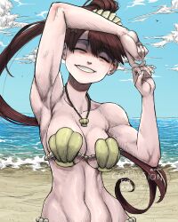 Rule 34 | 1girl, beach, black clover, blush, breasts, brown hair, cleavage, closed eyes, kahono, limn044, medium breasts, ponytail, revealing clothes, shell, shell bikini, smile, solo, swimsuit, teeth, water