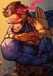 Rule 34 | 1boy, bodysuit, breasts, brown hair, cyclops (x-men), eye beam, gloves, hands up, highres, hungry clicker, male focus, manly, marvel, muscular, simple background, skin tight, solo, visor, x, x-men, yellow gloves