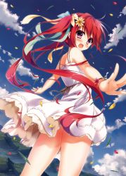 Rule 34 | 1girl, absurdres, blue ribbon, bracelet, cloud, day, dress, eyebrows, flower, from below, green ribbon, hair flower, hair ornament, hair ribbon, highres, jewelry, long hair, looking at viewer, open mouth, original, outdoors, petals, purple eyes, red hair, ribbon, sky, solo, standing, sundress, twintails, white dress, yellow flower, yellow ribbon, yuzuna hiyo