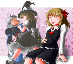 Rule 34 | &gt;:o, 1boy, 2girls, :o, ahoge, angry, arm support, blonde hair, bloomers, blush, bow, braid, constricted pupils, crying, dress, embodiment of scarlet devil, closed eyes, glasses, hair ribbon, hat, hat bow, kirisame marisa, kneeling, long sleeves, morichika rinnosuke, multiple girls, o o, patterned background, pregnant, puffy sleeves, ribbon, rumia, shirt grab, shoes, short hair, short sleeves, sigh, silver hair, socks, streaming tears, sweatdrop, tears, touhou, underwear, v-shaped eyebrows, white eyes, witch, witch hat, yoshio (yoshiwo0221)