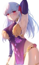 Rule 34 | 1girl, arm up, armpits, breasts, commentary, detached sleeves, dress, fate/grand order, fate (series), grey hair, highres, kama (fate), kama (second ascension) (fate), large breasts, long hair, navel, purple dress, red eyes, smile, umi endu, white background