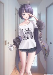 Rule 34 | 1girl, :o, absurdres, artist name, black shorts, blunt bangs, blurry, blurry background, blush, chestnut mouth, collarbone, commentary, cup, door, drawstring, eyelashes, fang, grey jacket, hallway, hand up, highres, holding, holding cup, hololive, hololive english, indoors, jacket, long sleeves, looking at viewer, mole, mole under eye, mug, ninomae ina&#039;nis, ninomae ina&#039;nis (loungewear), off shoulder, official alternate costume, one eye closed, open clothes, open jacket, open mouth, pointy ears, print shirt, puffy long sleeves, puffy sleeves, purple eyes, purple hair, reylan520, rubbing eyes, shirt, short hair, short shorts, short sleeves, shorts, sidelocks, single bare shoulder, sitting, sleepy, solo, t-shirt, virtual youtuber, white shirt