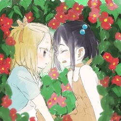 2girls aged_down bad_id bad_twitter_id bangs_pinned_back blonde_hair blue_hair blue_shirt blush bush closed_eyes dress face-to-face facing_another flip_flappers flower from_side hair_bobbles hair_ornament hair_ribbon highres kokomine_cocona looking_at_another multicolored_hair multiple_girls open_mouth profile purple_eyes red_flower ribbon shirt short_hair short_sleeves sitting smile takekumo upper_body yayaka