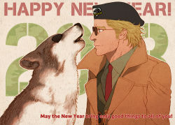 Rule 34 | 1boy, beret, blonde hair, blue eyes, coat, collared shirt, dog, eyepatch, facial hair, from side, green shirt, happy new year, hat, husky, katou setsuko, kazuhira miller, looking at animal, male focus, metal gear (series), metal gear solid v: the phantom pain, necktie, new year, red neckwear, shirt, short hair, simple background, smile, stubble, sunglasses
