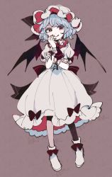 Rule 34 | 1girl, ascot, back bow, bat wings, black ascot, black bow, blue hair, bow, commentary request, dress, full body, hand to own mouth, hand up, hat, hat ribbon, mob cap, mozukuzu (manukedori), red eyes, remilia scarlet, ribbon, shoes, short hair, short sleeves, smile, solo, touhou, white dress, white footwear, white hat, wings, wrist cuffs
