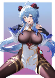 Rule 34 | 1girl, absurdres, ahoge, bare shoulders, bell, black gloves, blue hair, blush, bodystocking, breasts, brown pantyhose, detached sleeves, dress, ganyu (genshin impact), genshin impact, gloves, gold trim, highres, horns, large breasts, long hair, looking at viewer, open mouth, pantyhose, purple eyes, sidelocks, smile, solo, thighs, vision (genshin impact), white dress, xiiinaam 98