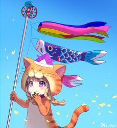 Rule 34 | 1girl, animal costume, animal ears, animal hood, blonde hair, blue sky, blush, braid, cat costume, cat ears, cat hood, day, dragon quest, dragon quest xi, eating, food, holding, holding food, hood, hood up, koinobori, kz ripo, long hair, low twintails, outdoors, petals, purple eyes, sky, slime (dragon quest), solo, standing, twin braids, twintails, twitter username, veronica (dq11), windsock
