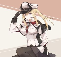 Rule 34 | 1girl, black gloves, black pantyhose, black skirt, blonde hair, breasts, capelet, closed mouth, cross, gloves, graf zeppelin (kancolle), hair between eyes, hat, iron cross, kantai collection, large breasts, long hair, long sleeves, military, military uniform, pantyhose, peaked cap, pleated skirt, purple eyes, shakemi (sake mgmgmg), sidelocks, skirt, solo, twintails, uniform, white hat