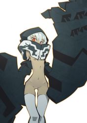 Rule 34 | 10s, black rock shooter, bottomless, breasts, cleft of venus, dark skin, flat chest, gauntlets, grey hair, highres, hood, looking at viewer, nipples, pussy, red eyes, strength (black rock shooter), the pink pirate, thighhighs, transparent background