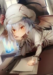 Rule 34 | 1girl, ascot, bangle, bat wings, blue hair, blush, bracelet, cabbie hat, calligraphy brush, capelet, chair, curiosities of lotus asia, desk, dress, dutch angle, hair between eyes, hand up, hat, hat ribbon, head rest, highres, indoors, jewelry, long sleeves, looking at viewer, paintbrush, paper, petticoat, red eyes, red ribbon, remilia scarlet, ribbon, short hair, solo, touhou, upper body, white ascot, white capelet, white dress, white hat, window, wings, yuki (popopo)
