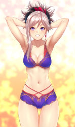 Rule 34 | 1girl, armpits, arms behind head, arms up, bare arms, bare shoulders, blush, bra, breasts, cleavage, clenched teeth, cowboy shot, earrings, fate/grand order, fate (series), gluteal fold, gradient background, jewelry, long hair, looking at viewer, medium breasts, miyamoto musashi (fate), navel, open mouth, panties, pink hair, ponytail, purple bra, purple eyes, purple panties, single sidelock, skindentation, solo, stomach, teeth, underwear, underwear only, v-shaped eyebrows, zucchini