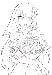Rule 34 | 1girl, :d, animal, bird, bouquet, chick, choumi wuti (xueye fanmang zhong), commentary request, dress, flower, frilled dress, frills, greyscale, hair flower, hair ornament, highres, hugging object, lize helesta, long hair, looking at viewer, monochrome, monocle, nijisanji, off-shoulder dress, off shoulder, open mouth, sebastian piyodore, simple background, smile, very long hair, virtual youtuber, white background