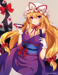 Rule 34 | 1girl, alternate costume, artist name, blonde hair, blue sash, blush, bow, breasts, choker, cleavage, commentary request, cowboy shot, cup, folding fan, gap (touhou), gloves, grey background, hair between eyes, hair bow, hand fan, hands up, hat, hat ribbon, highres, holding, holding cup, holding fan, large breasts, long hair, long sleeves, looking at viewer, marota, mob cap, obi, off shoulder, one-hour drawing challenge, purple eyes, red bow, red choker, red ribbon, ribbon, ribbon choker, sakazuki, sash, simple background, smile, solo, touhou, twitter username, very long hair, white gloves, white hat, wide sleeves, yakumo yukari
