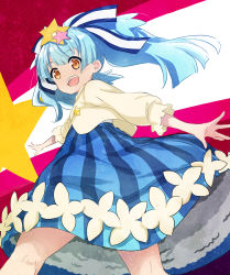 Rule 34 | 10s, 1girl, :d, abe kanari, birthday, blue hair, brown eyes, from below, hair ornament, hair ribbon, happy birthday, hoshikawa lily, long hair, long skirt, looking at viewer, looking back, open mouth, outstretched arms, plaid, plaid skirt, ribbon, skirt, smile, solo, spread arms, standing, star (symbol), star hair ornament, twintails, zombie land saga