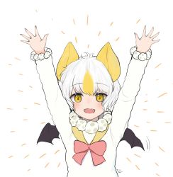 Rule 34 | 10s, 1girl, animal ears, bad id, bad twitter id, bat ears, bat wings, blonde hair, blush, bow, bowtie, commentary, dnsdltkfkd, fang, fur collar, fur trim, hands up, highres, honduran white bat (kemono friends), kemono friends, long sleeves, multicolored hair, open mouth, short hair, solo, sweater, upper body, white hair, wings, yellow eyes