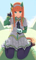Rule 34 | 1girl, animal ears, aqua eyes, black gloves, black pantyhose, black ribbon, bottle, brown footwear, chisaku, commentary, ear covers, gloves, hairband, highres, hime cut, holding, holding bottle, horse ears, horse girl, horse tail, juliet sleeves, loafers, long hair, long sleeves, looking at viewer, on grass, on ground, orange hair, outdoors, pantyhose, pleated skirt, puffy sleeves, ribbon, shirt, shoes, silence suzuka (umamusume), sitting, skirt, smile, solo, tail, umamusume, wariza, water bottle, white footwear, white hairband, white shirt, white skirt