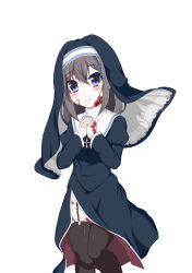 Rule 34 | 1girl, alternate costume, black hair, black thighhighs, blue eyes, blush, burn scar, cross, crucifix, dorei to no seikatsu ~teaching feeling~, garter straps, habit, hair between eyes, hair ornament, hairclip, highres, juliet sleeves, long hair, long sleeves, looking at viewer, nun, own hands clasped, own hands together, puffy sleeves, scar, simple background, smile, solo, sylvie (dorei to no seikatsu), takahiko, thighhighs, white background