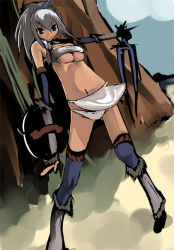 Rule 34 | 1girl, bandeau, blue eyes, blue thighhighs, boots, breasts, bursting breasts, capcom, cleavage, cleavage cutout, clothing cutout, crop top, day, detached sleeves, dutch angle, fighting stance, fur trim, hairband, hino akira, horns, kirin (armor), large breasts, leg warmers, legs apart, loincloth, long hair, looking at viewer, midriff, monster hunter, monster hunter (series), monster hunter frontier, navel, outdoors, panties, pantyshot, print panties, rock, shield, silver hair, single horn, sky, solo, standing, strap, thighhighs, tree, underboob, underwear, weapon, white panties, wind