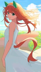 Rule 34 | 1girl, animal ears, aqua eyes, bare shoulders, blue eyes, chisaku, clothing cutout, cloud, cloudy sky, commentary, dress, ear covers, flat chest, from side, grass, hair ornament, hairband, highres, hime cut, horse ears, horse girl, horse tail, looking at viewer, nape, orange hair, outdoors, silence suzuka (umamusume), sky, solo, sundress, tail, tail through clothes, umamusume, white dress, white hairband