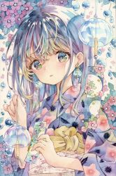 Rule 34 | 1girl, blue hair, earrings, floral print, flower, highres, holding, japanese clothes, jewelry, kimono, leaf, long sleeves, open mouth, original, painting (medium), red flower, solo, traditional media, water drop, watercolor (medium), white background, wide sleeves, wind chime, yukata, yukoring